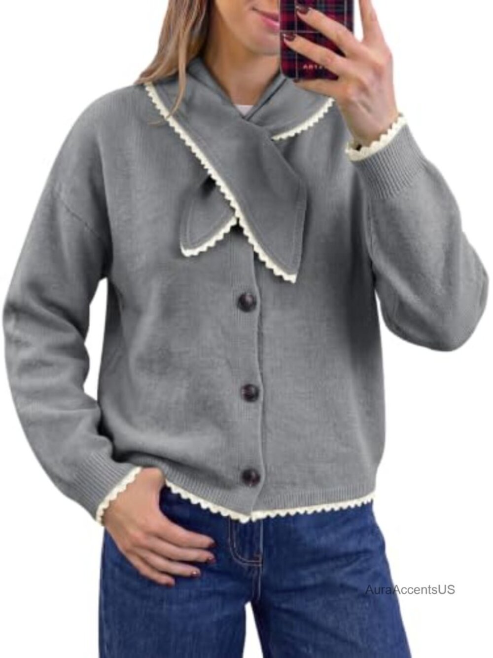 Womens Lace Trim Cardigan Sweater Button Down Knit Top Detachable Scarf